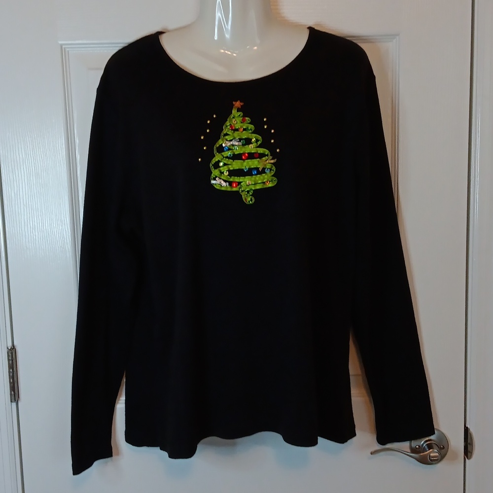 Kim Roger's Women's Size XL Black Long Sleeve Christmas Tree Shirt Vintage
